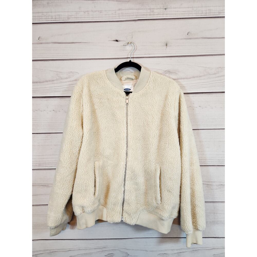 Old Navy Women's Cream Off White Sherpa Bomber Jacket Cozy Warm Zip-Up Size XL